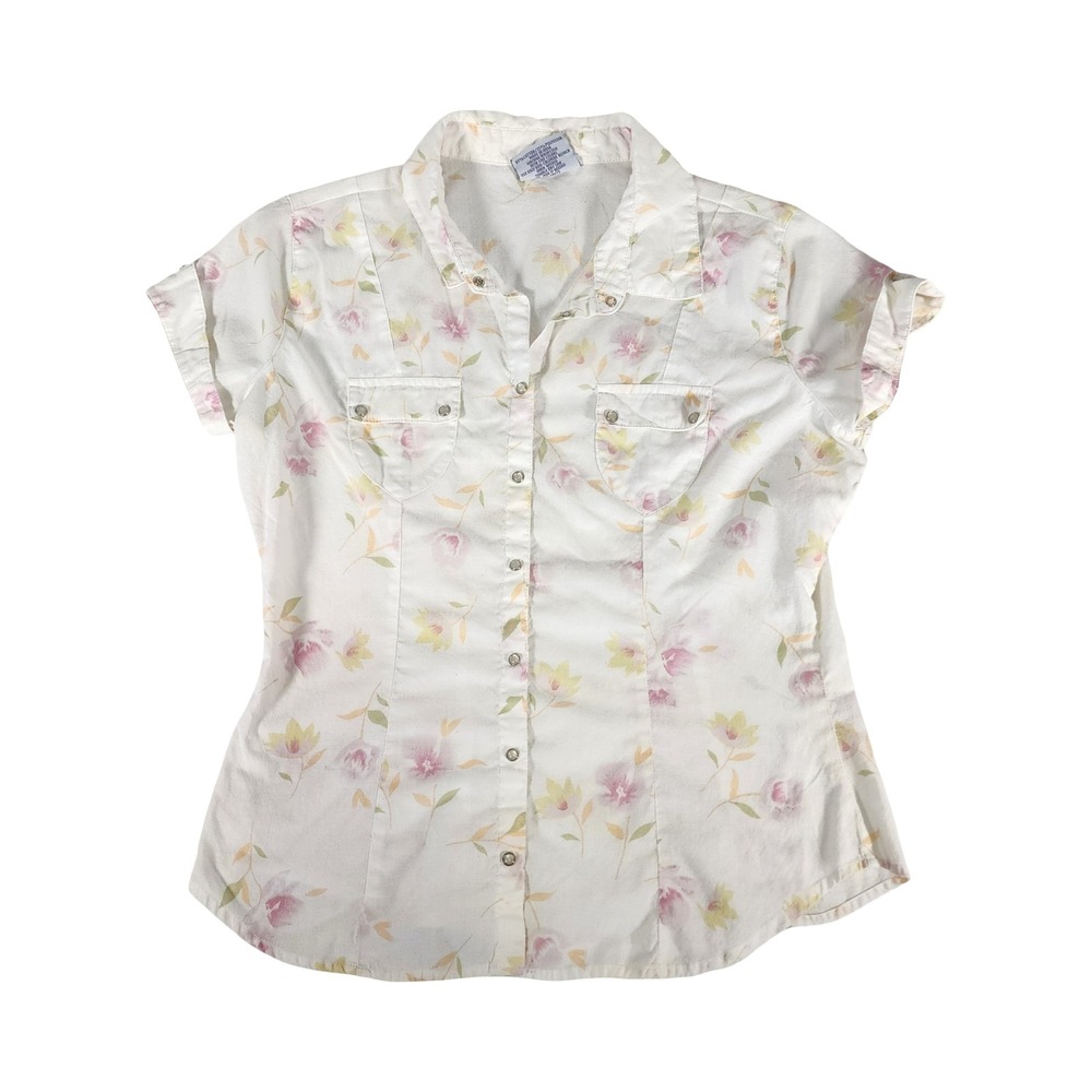 Steve & Barrys Womens Floral Short Sleeve Button Down Shirt White Pink Small